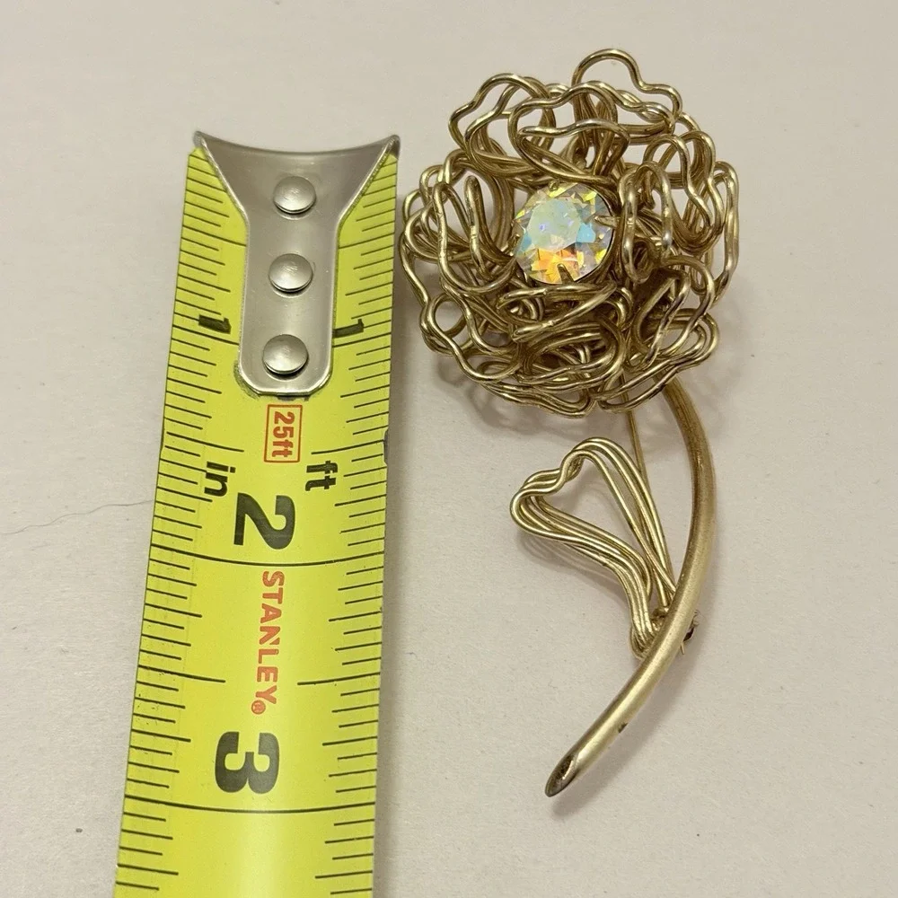 Vintage Brooch MCM Flower Heart Aurora Borealis Rhinestone Fashion Gold Large 3